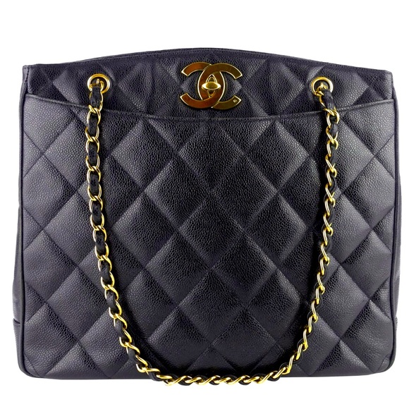 CHANEL Handbags - CHANEL CC Turnlock Black Caviar w/ Gold Chain Strap Leather Bag Large Tote Purse